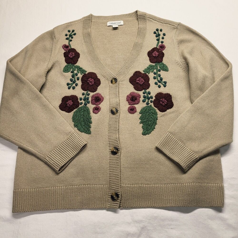 Coldwater Creek Embellished Cardigan Sweater, Tan Autumn Colors Floral PXL